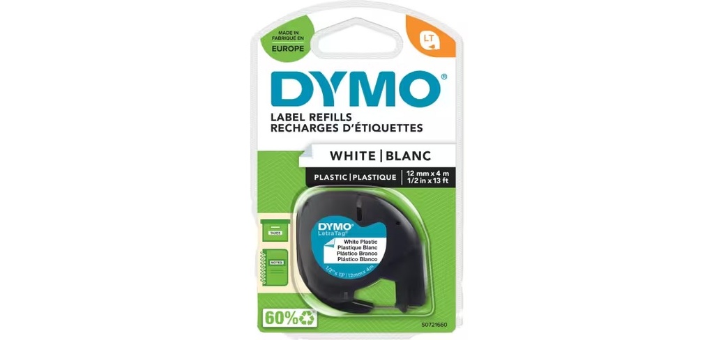CINTA PARA LETRATAG PLÁSTICO ESCRITURA NEGRA, FONDO BLANCO REF. DYMO 91201